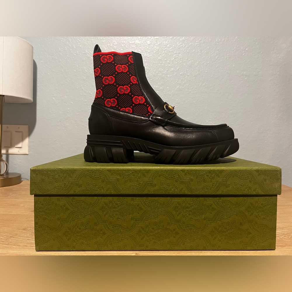 GUCCI Men's GG Jersey Leather Ankle Boots with Horsebit Black Red Sz 10.5US/10UK